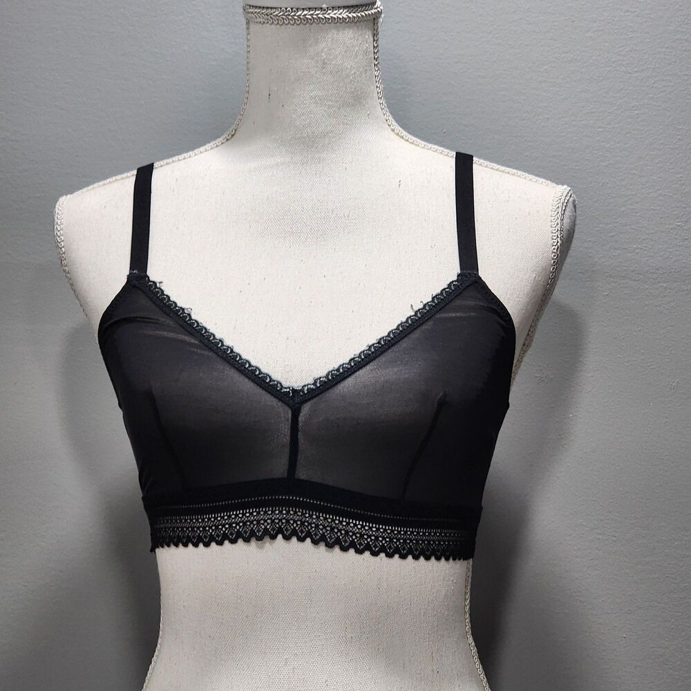 Auden Women's Pullover Unlined Bralette, Mesh w/Lace Trim Black Sizes Medium